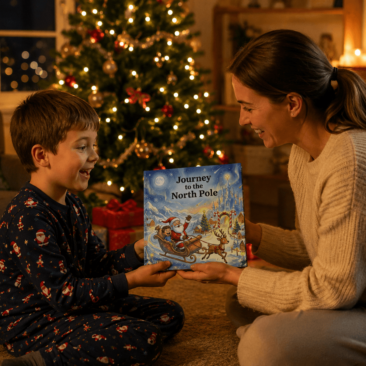 A child and parent enjoying a personalized Christmas story together