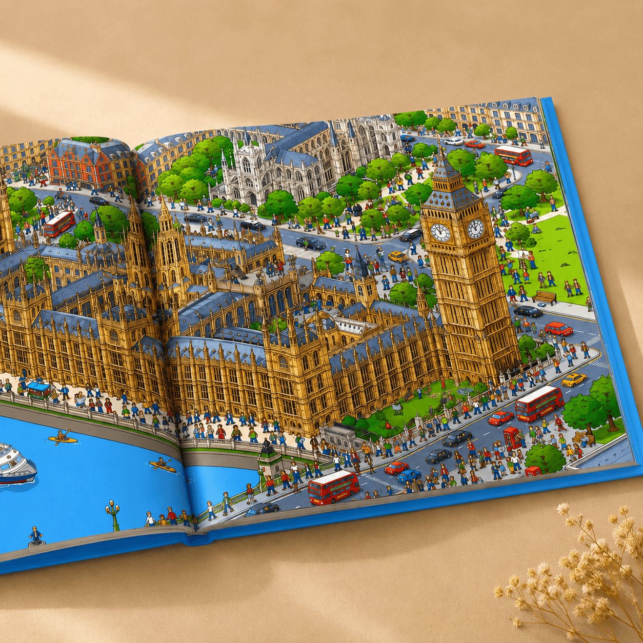 Colorful travel search-and-find book interior spread