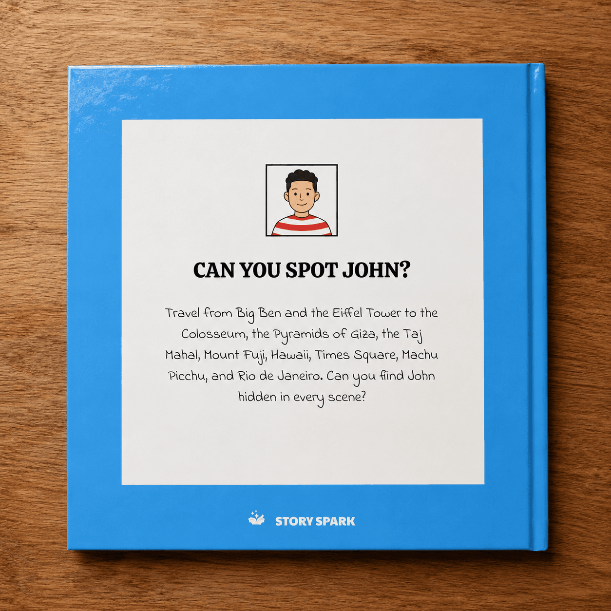 Two personalized travel search-and-find books standing together