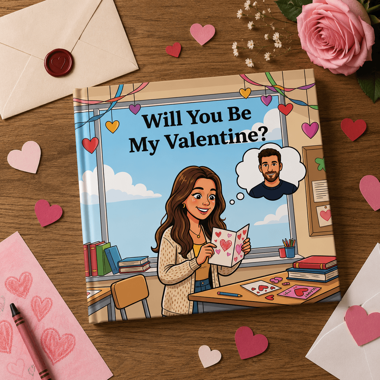 Personalized Valentine book surrounded by cards and hearts