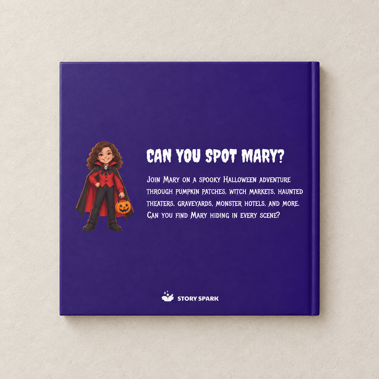 Purple back cover of a personalized Halloween search-and-find book