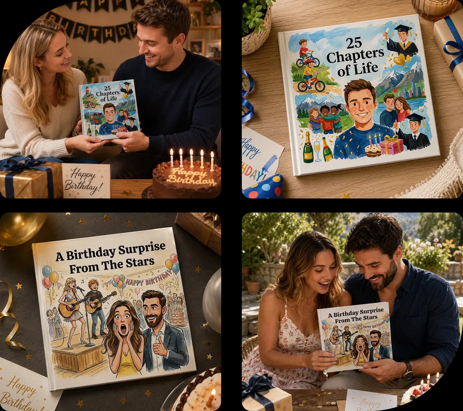 Adults celebrating birthdays with personalized memory books