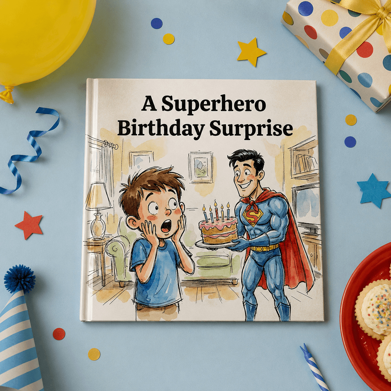 Superhero-themed personalized birthday book flat lay