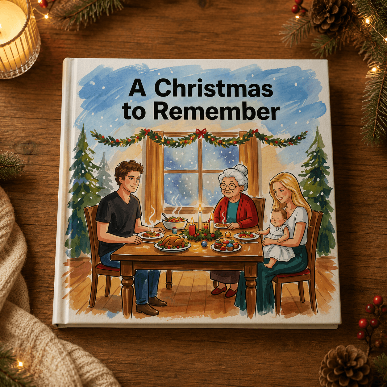 A personalized Christmas book displayed on a festive table