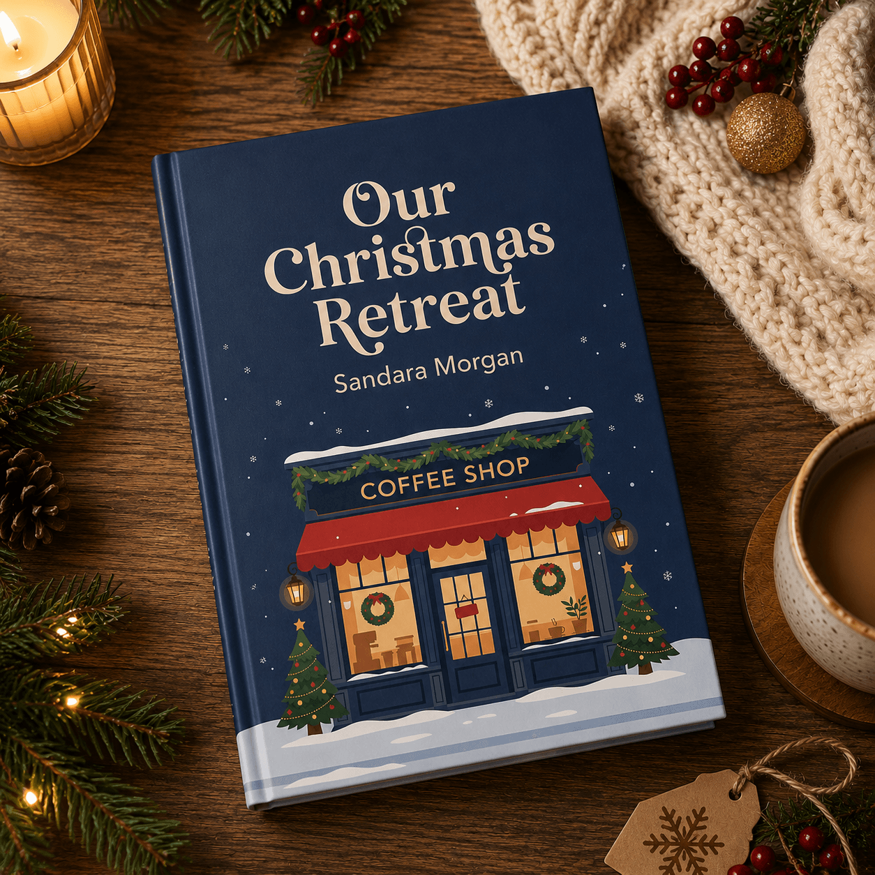 A personalized Christmas book surrounded by cozy holiday decorations