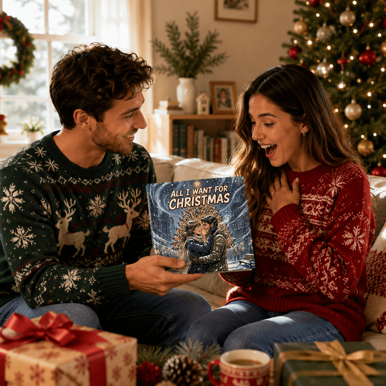 A couple sharing a personalized Christmas book beside their tree