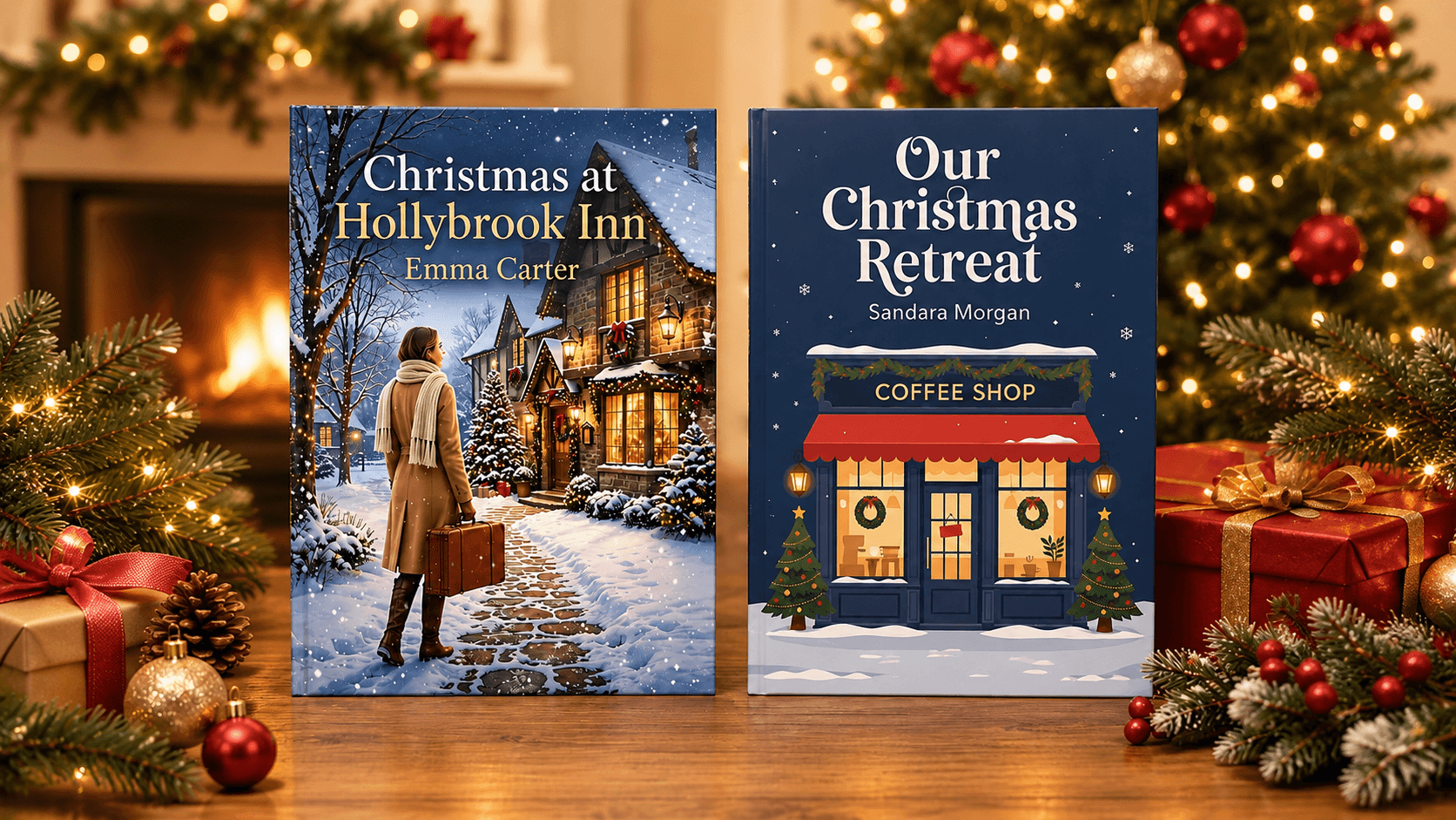 Two Christmas retreat storybooks displayed in a festive room