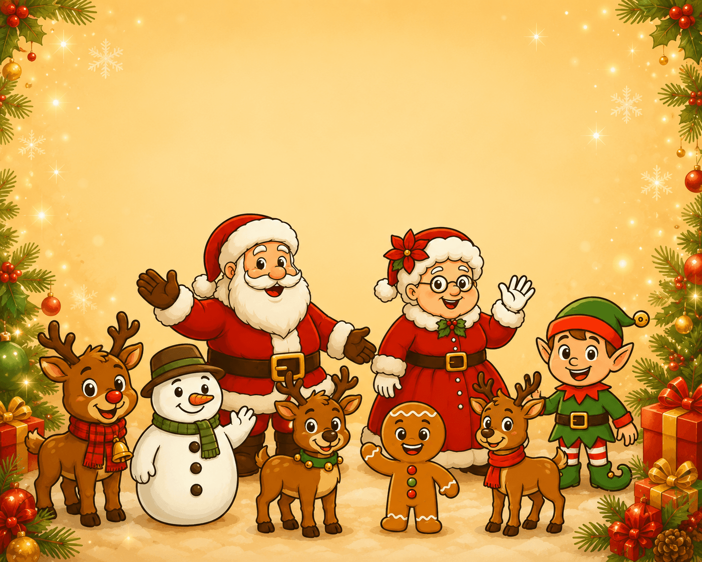 A cheerful cast of Christmas characters including Santa, reindeer, a snowman, and an elf