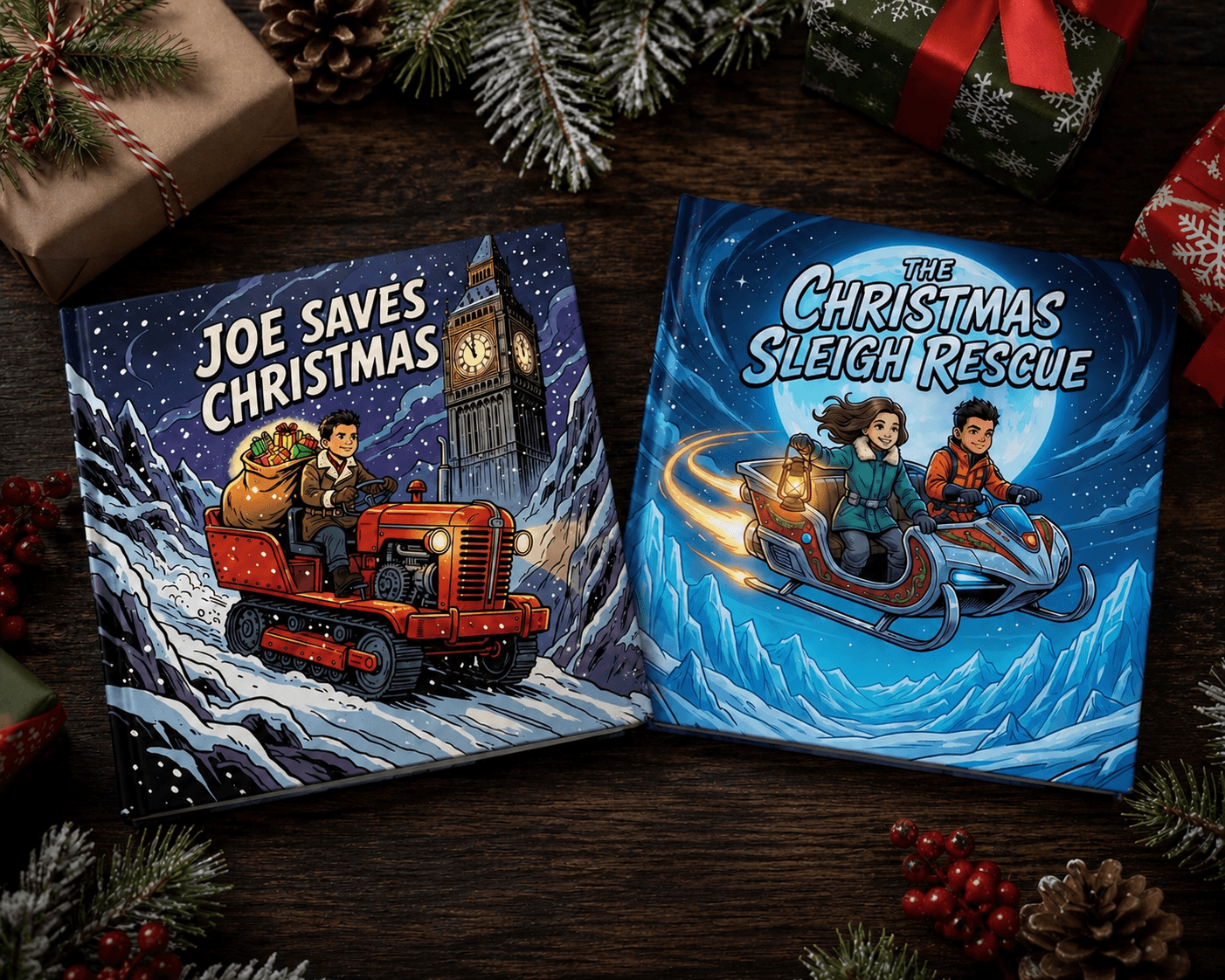Two personalized Christmas adventure books displayed on a festive table