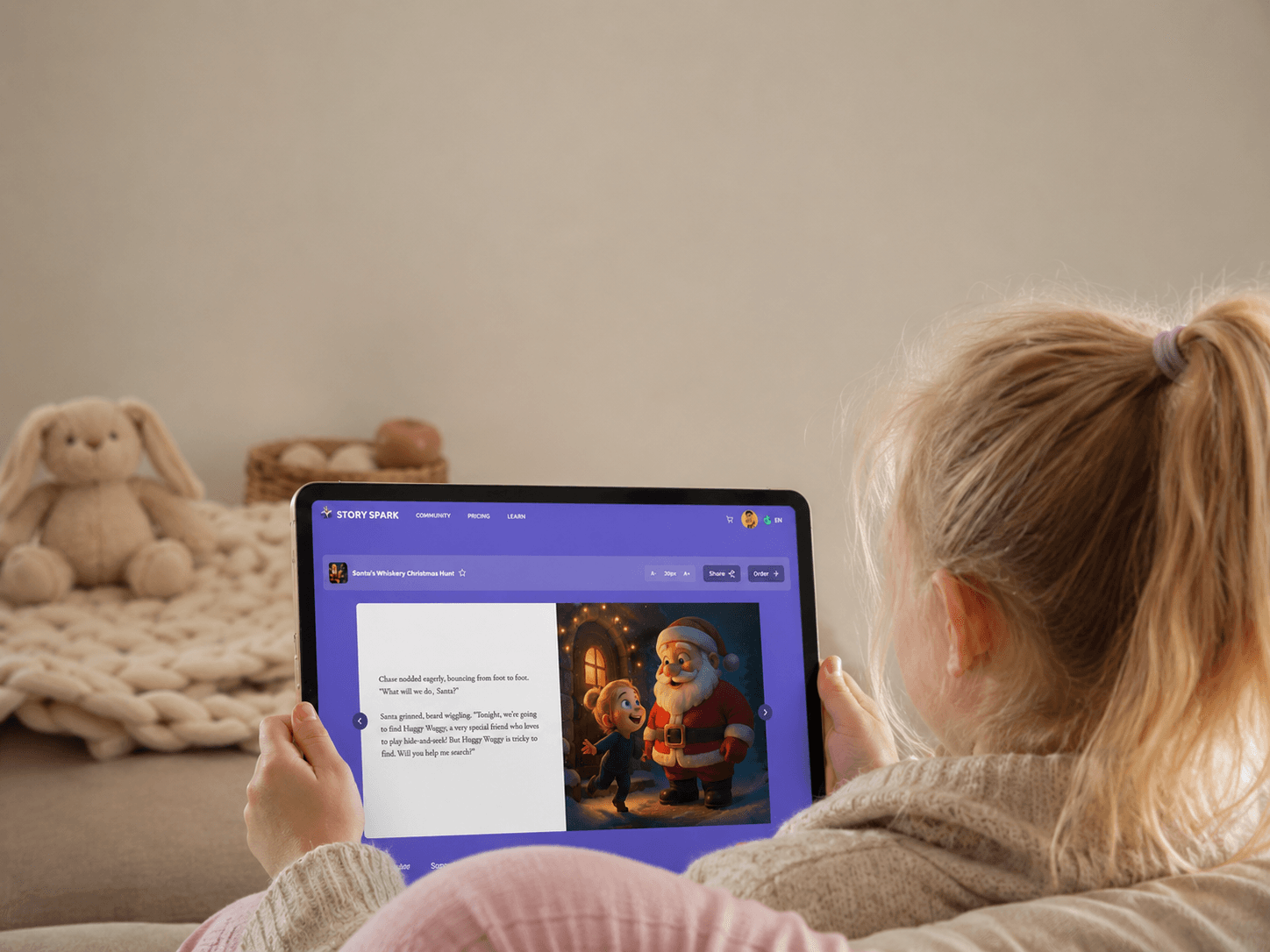 A child reading a Story Spark Christmas story on a tablet