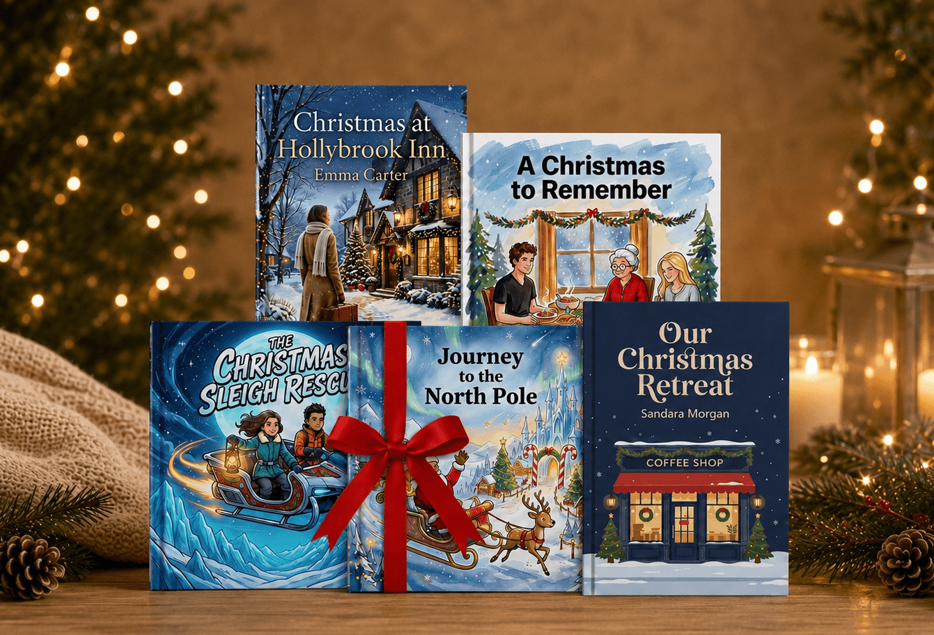Five personalized Christmas storybooks displayed in a festive room