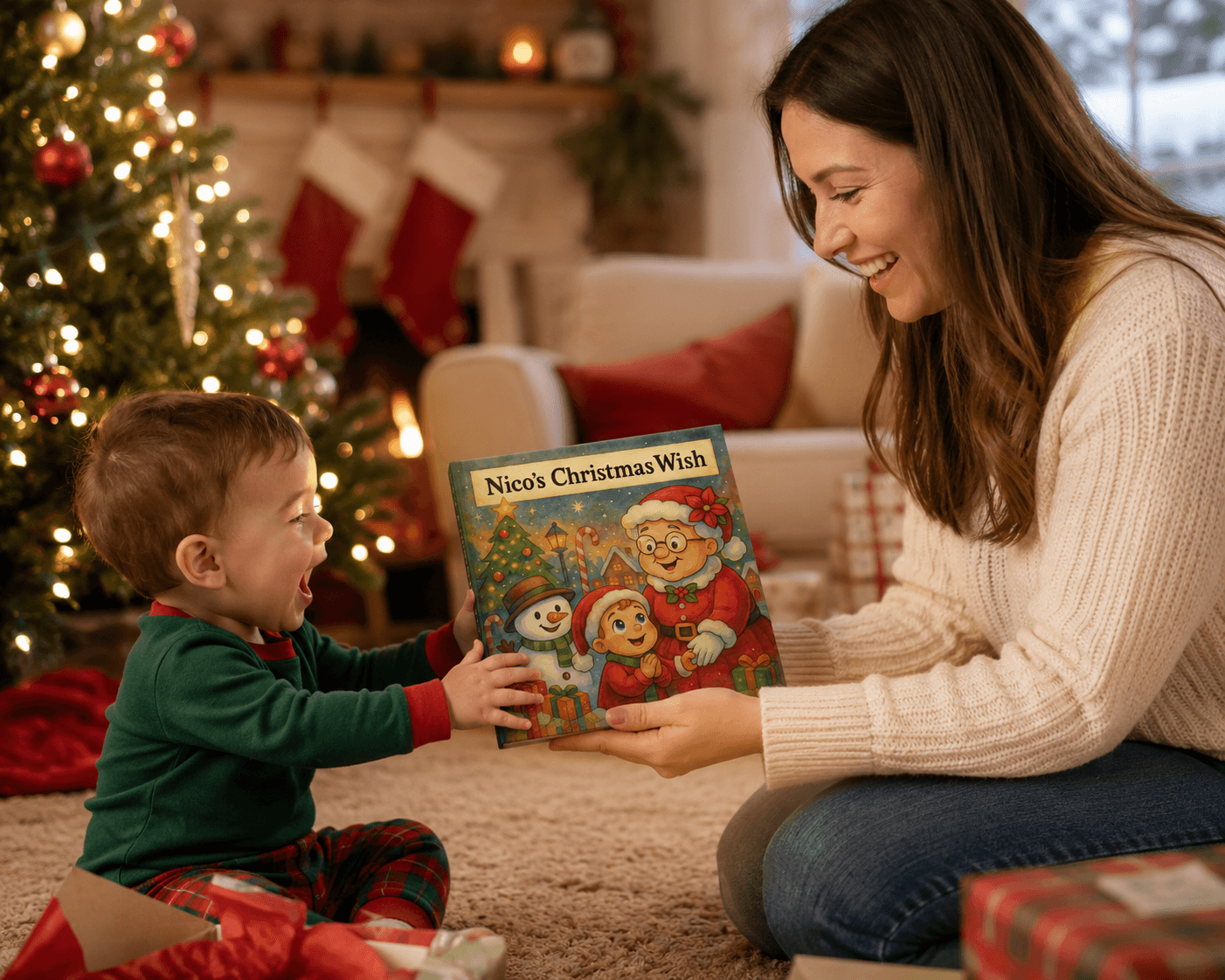 A mother and child sharing a personalized Christmas storybook