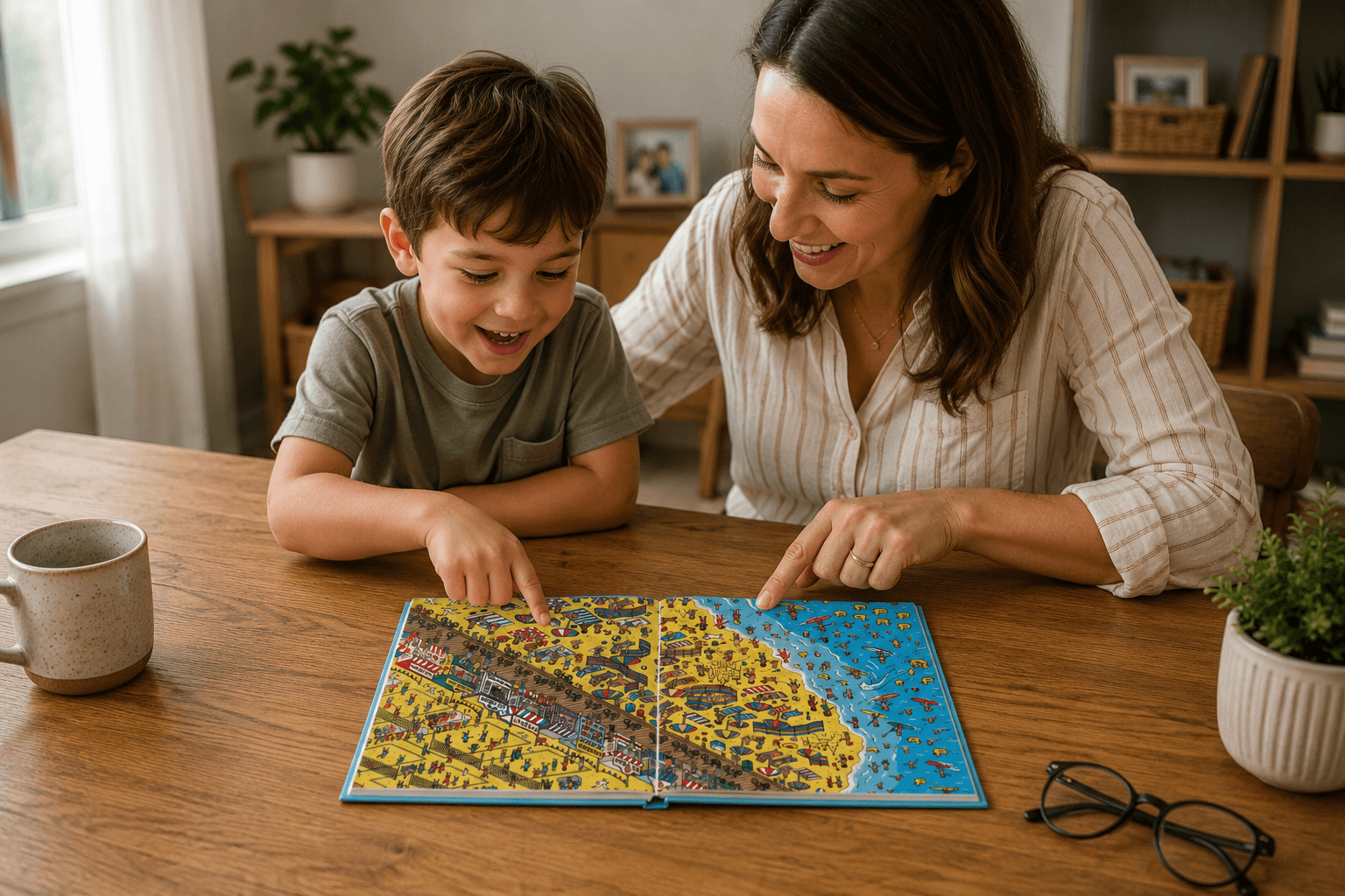 Child and parent smiling while reading a search-and-find book