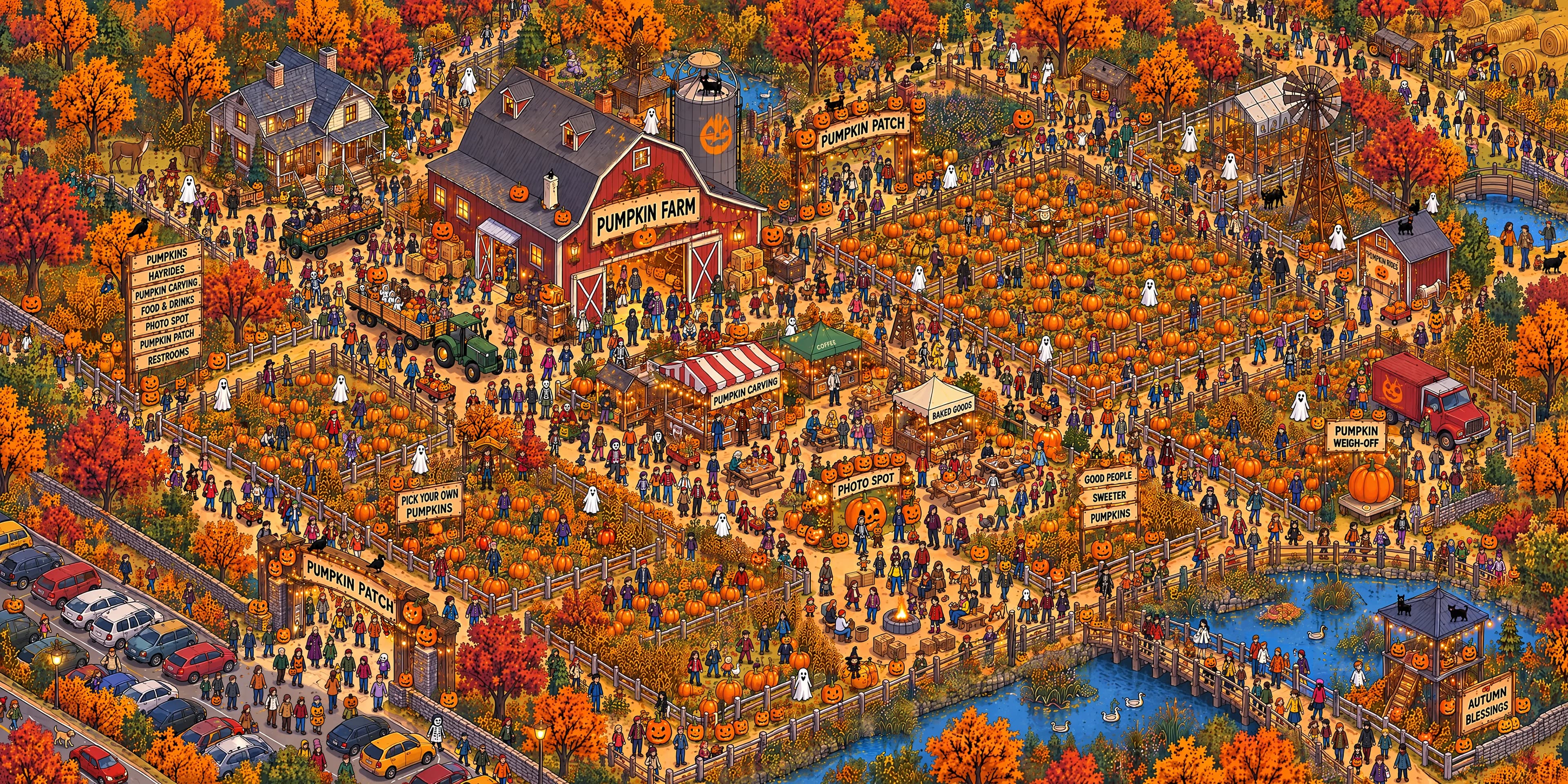 Illustrated Halloween pumpkin patch with crowds, ghosts and autumn trees