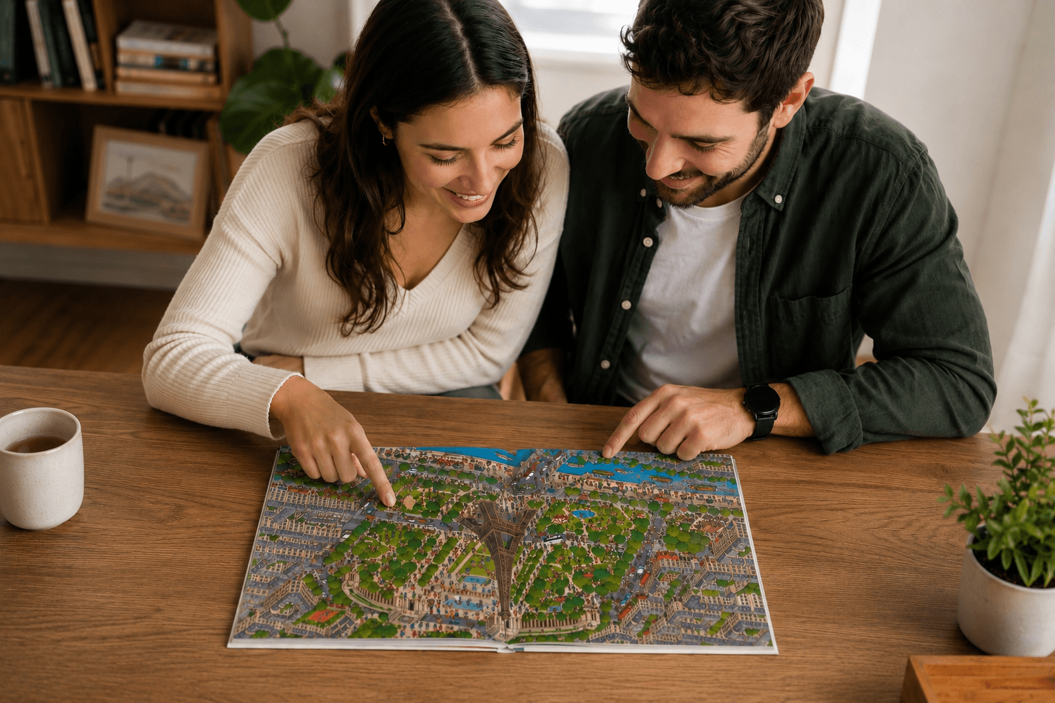 Child and parent enjoying a colorful search-and-find book together