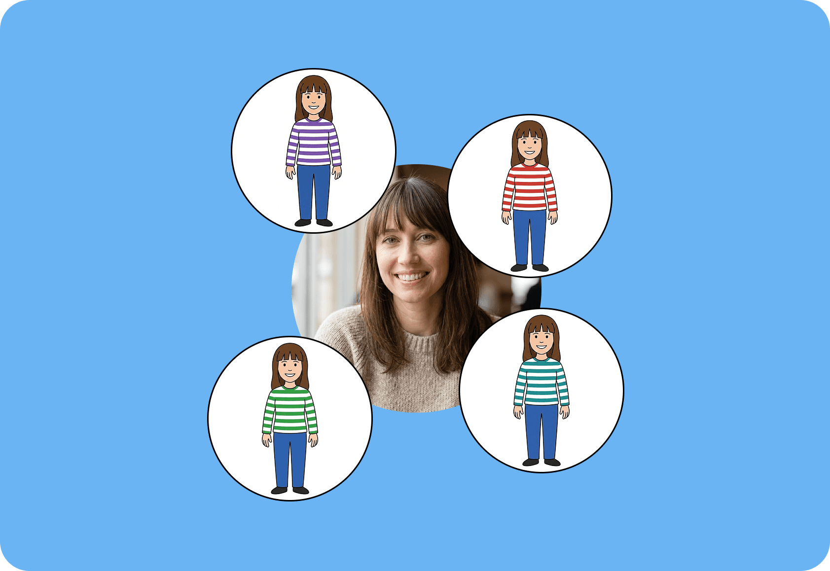 Uploaded portrait surrounded by four illustrated costume options