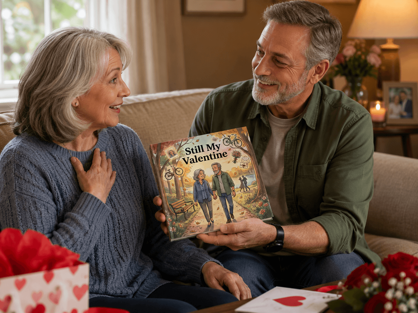 Couple sharing a personalized Valentine storybook