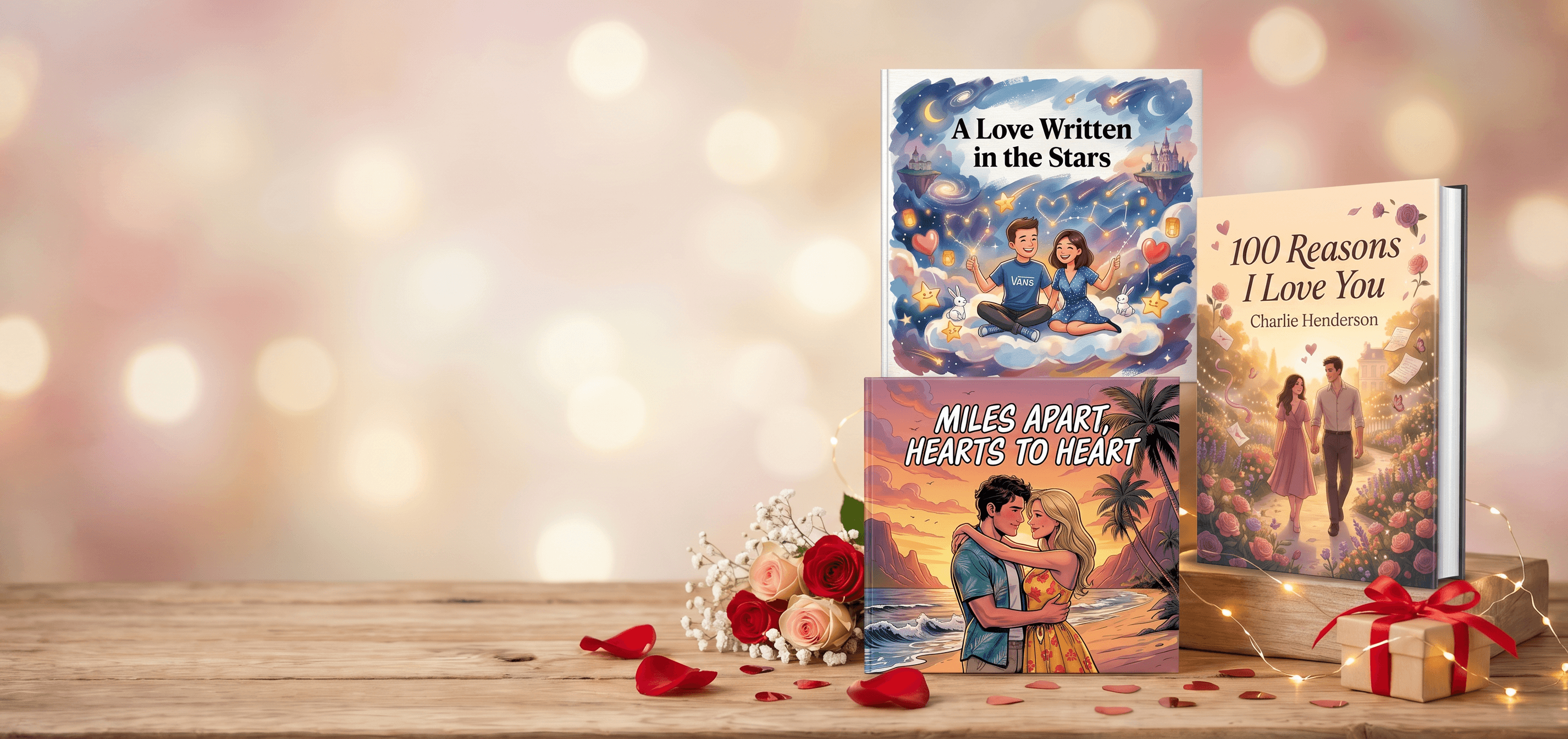 Personalized Valentine's Day books displayed on a romantic table