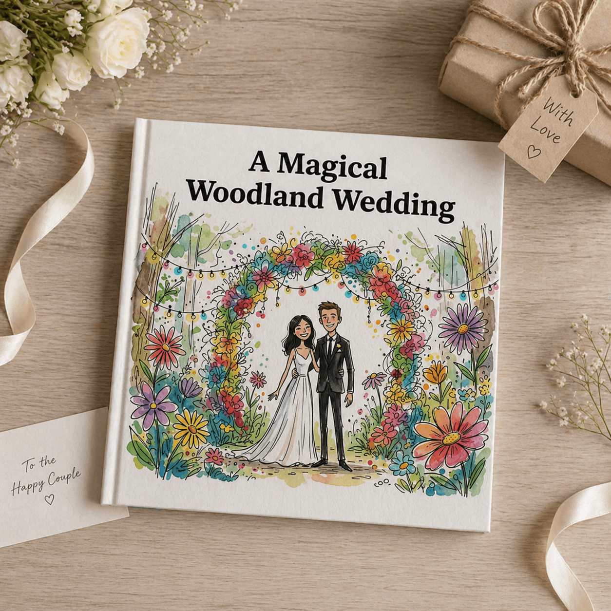 A personalised magical woodland wedding storybook cover