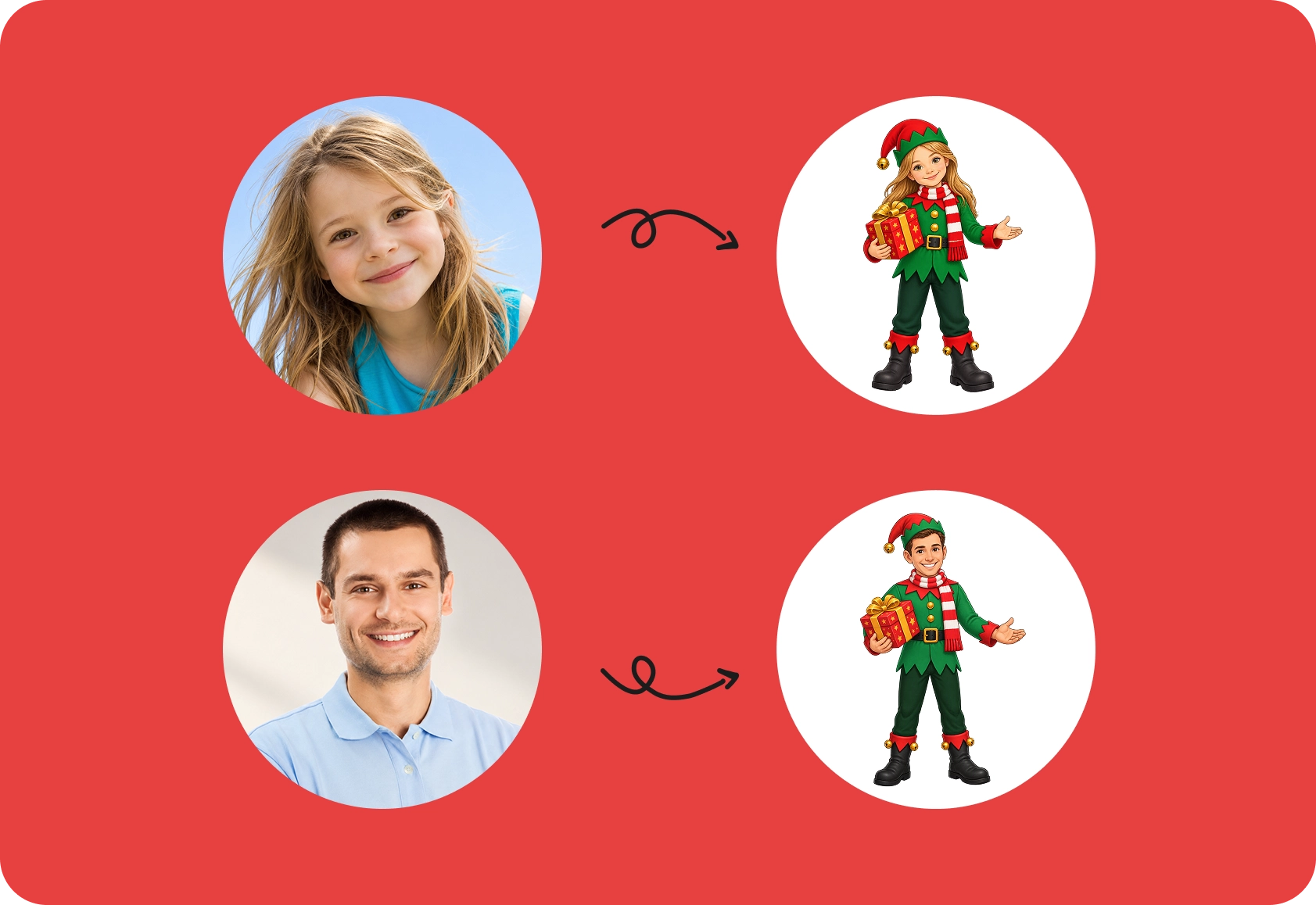Example photos transformed into illustrated characters